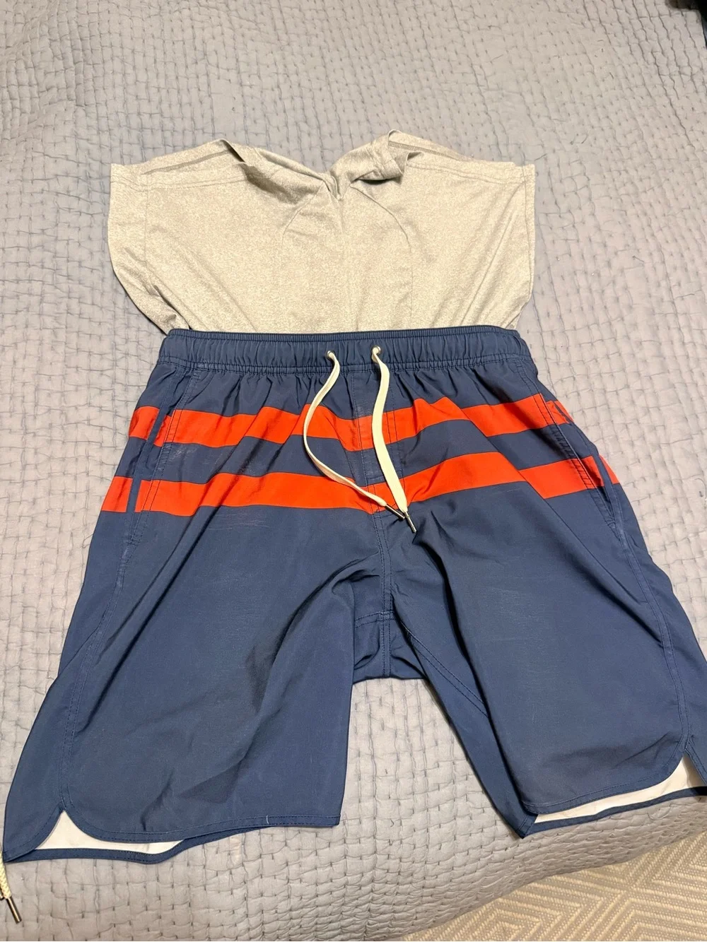 Fair Harbor Anchor Swim Trunks: Navy w/Red Stripes